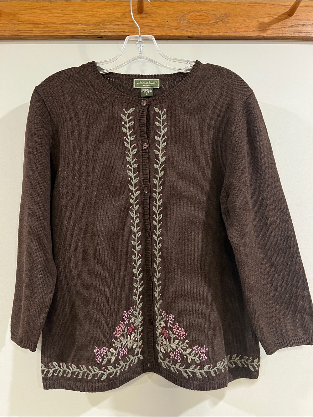 Eddie Bauer - vintage, Dark Brown Embroidered Floral Cardigan, granny, cottage